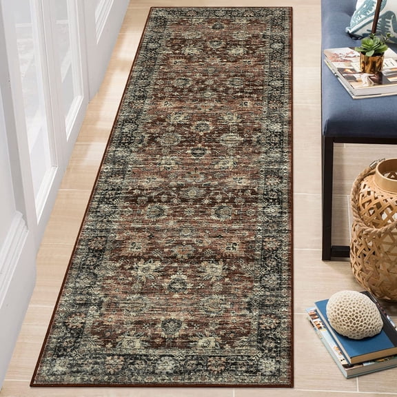 Haperlare Washable Red Runner Rug Vintage Floral Distressed Non Slip Runner Rugs for Hallway Entryway Laundry,2'x6'