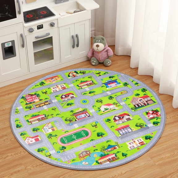 Haperlare Washable Round Rug Kids Chidren Learning Rugs City Traffic Grey Road Rugs for Playroom Nursery Low Pile Non Slip Educational Playmat for Infant Toddlers,4'x4'