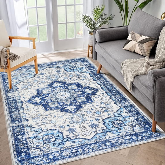 Haperlare Washable Rug 6 x 9 Ultra-Soft Area Rugs for Living Room Vintage Medallion Area Rug Low Pile Vintage Bedroom Rug, Blue