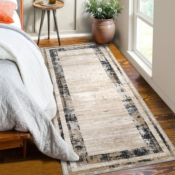 Haperlare Washable Rug Modern Border Rug, 2'x6' Runner Rug Accent Carpet with Non-Slip Backing, Low Pile Stain-Resistant Indoor Rugs for Entryway Kitchen Bedroom, Brown