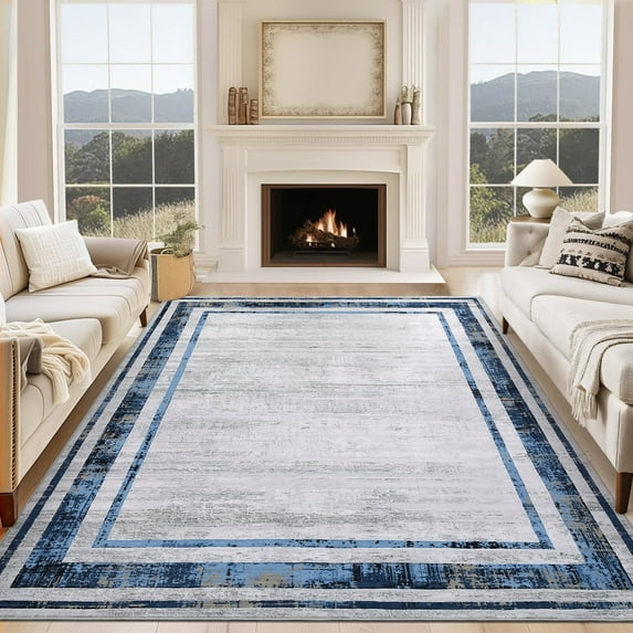 Haperlare Washable Rug Modern Border Rug, 5'x7' Living Room Rug Accent Carpet with Non-Slip Backing, Low Pile Stain-Resistant Indoor Rugs for Bedroom Home Decor, Blue