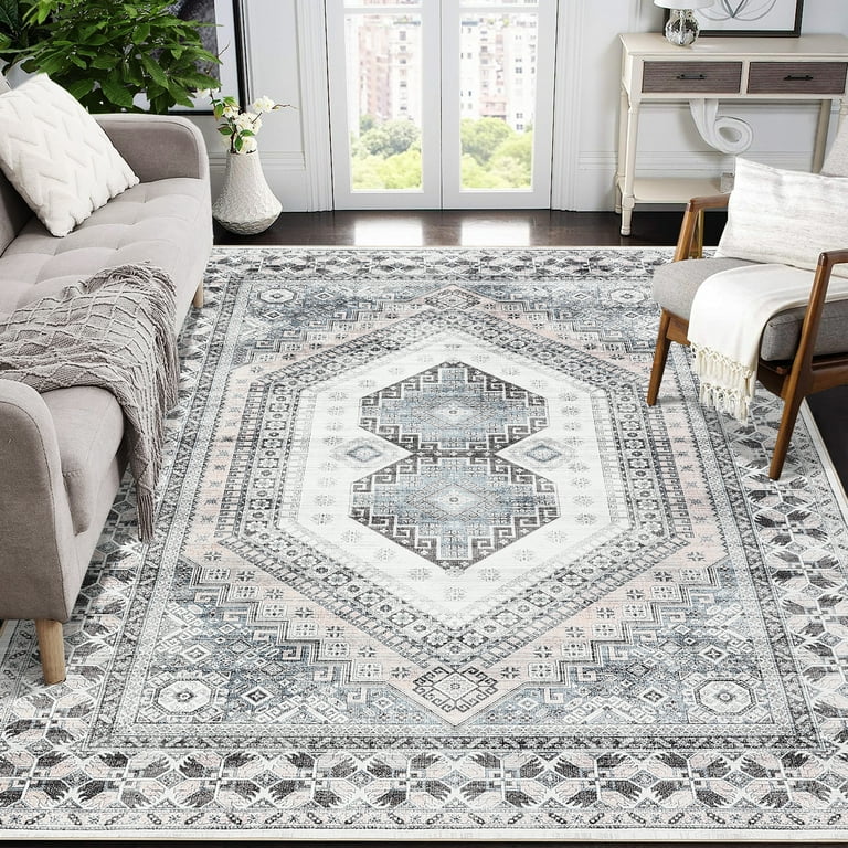Haperlare Washable Rug for Living Room Boho Tribal Bedroom Rug Vintage Oriental Area Rug Non Slip Throw Rugs Soft Low Pile Carpet 9 x 12 Gray Walmart