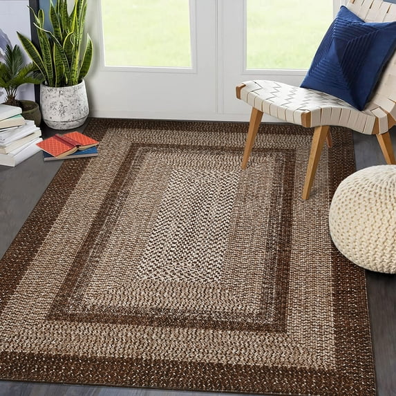 Haperlare Washable Farmhouse Braided Print Rugs Geometric Area Rugs for Bathroom Bedroom Brown Ultra-Thin Home Office Rugs,4'x6'