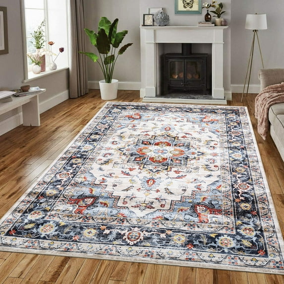 Haperlare Washable Rugs for Living Room Boho Bedroom Rug Vintage Oriental Area Rug Non Slip Throw Rugs Medallion Soft Low Pile Stain Resistant Carpet, 9' x 12' Blue