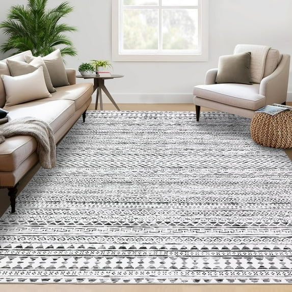 Haperlare Washable Rugs Vintage Ethnic Area Rugs Soft Non Slip Rugs for Bathroom Family Room Geometric Grey 9'x12' Carpet