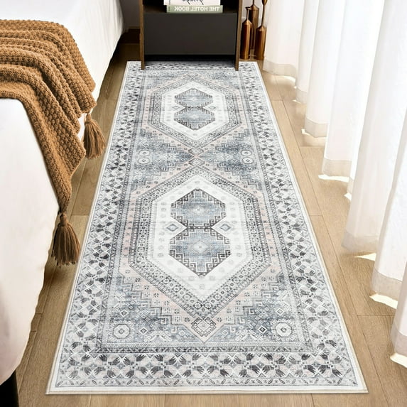 Haperlare Washable Runner Rug for Living Room Boho Tribal Bedroom Rug Vintage Oriental Area Rug Non Slip Throw Rugs Soft Low Pile Carpet, 2' x 6' Gray