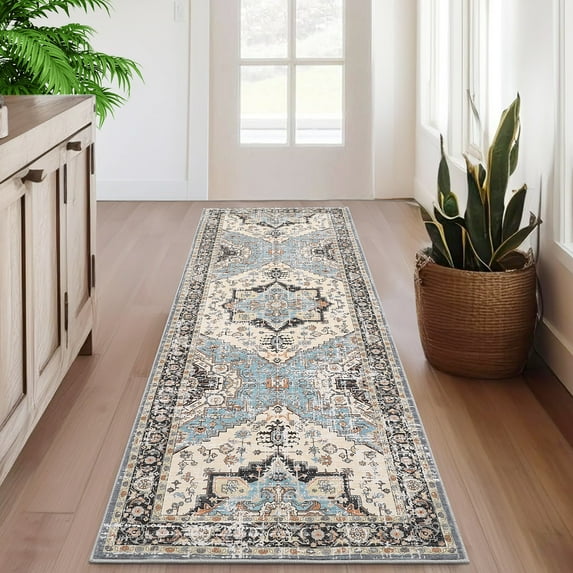 Haperlare Washable Runner Rug Vintage Floral Oriental Area Rug for Living Room Non-Slip Soft Throw Carpet Aesthetic Accent Rug for Bedroom, 2' x 6' Blue