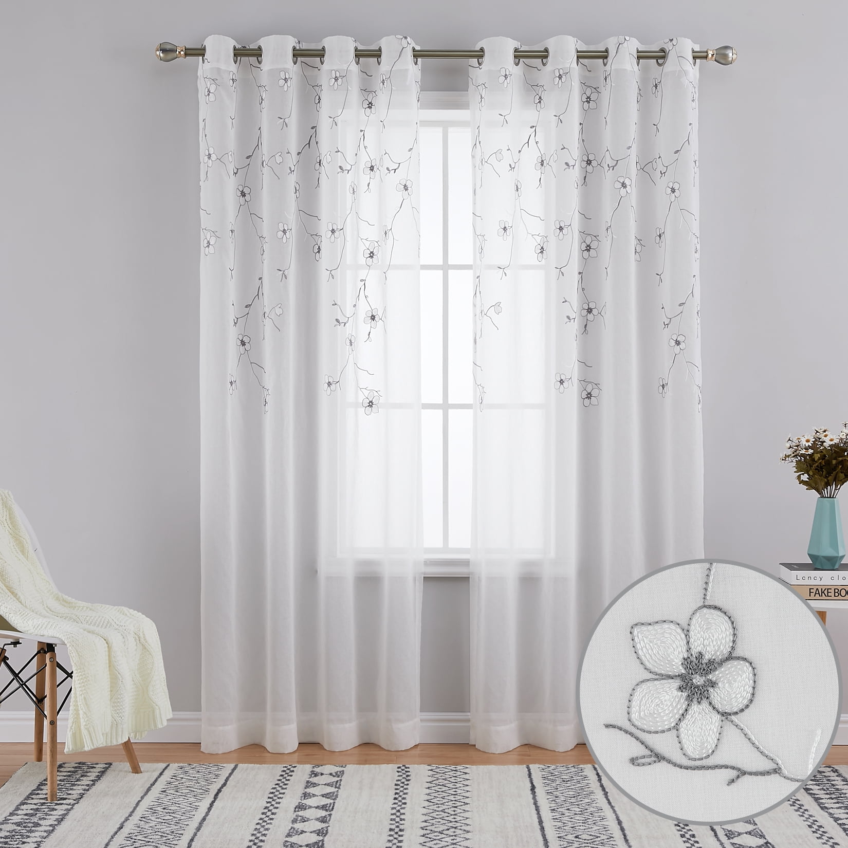 Haperlare White Sheer Curtains 95 inch Long Grommet Farmhouse Floral