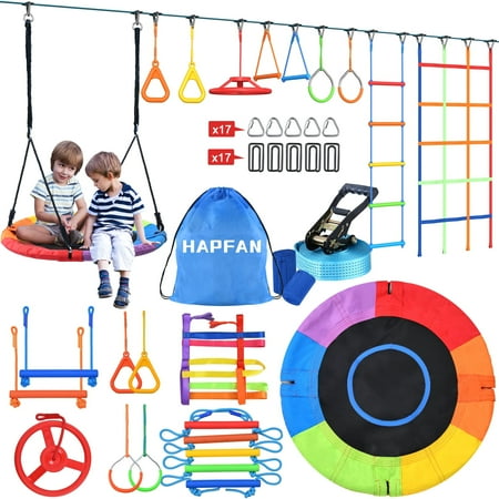 Hapfan 50ft Ninja Warrior Obstacle Course with Swing, Monkey Bars, for Kids Outdoor Playset Backyard