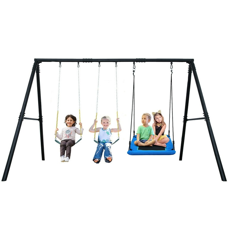 Hapfan 600lbs 3 Seat Metal Swing Set 1 Platform Swing Seat and 2 Belt Swing Seat with Heavy Duty A Frame Metal Swing Stand