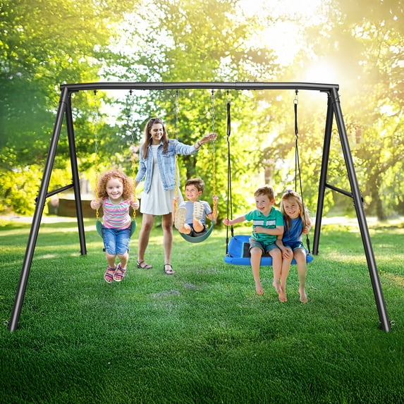 KloKick 600lbs 3 Seat Metal Swing Set, 1 Platform Swing Seat and 2 Belt Swing Seat Outdoor Heavy Duty A-Frame Metal Playset for Kids Adult Backyard