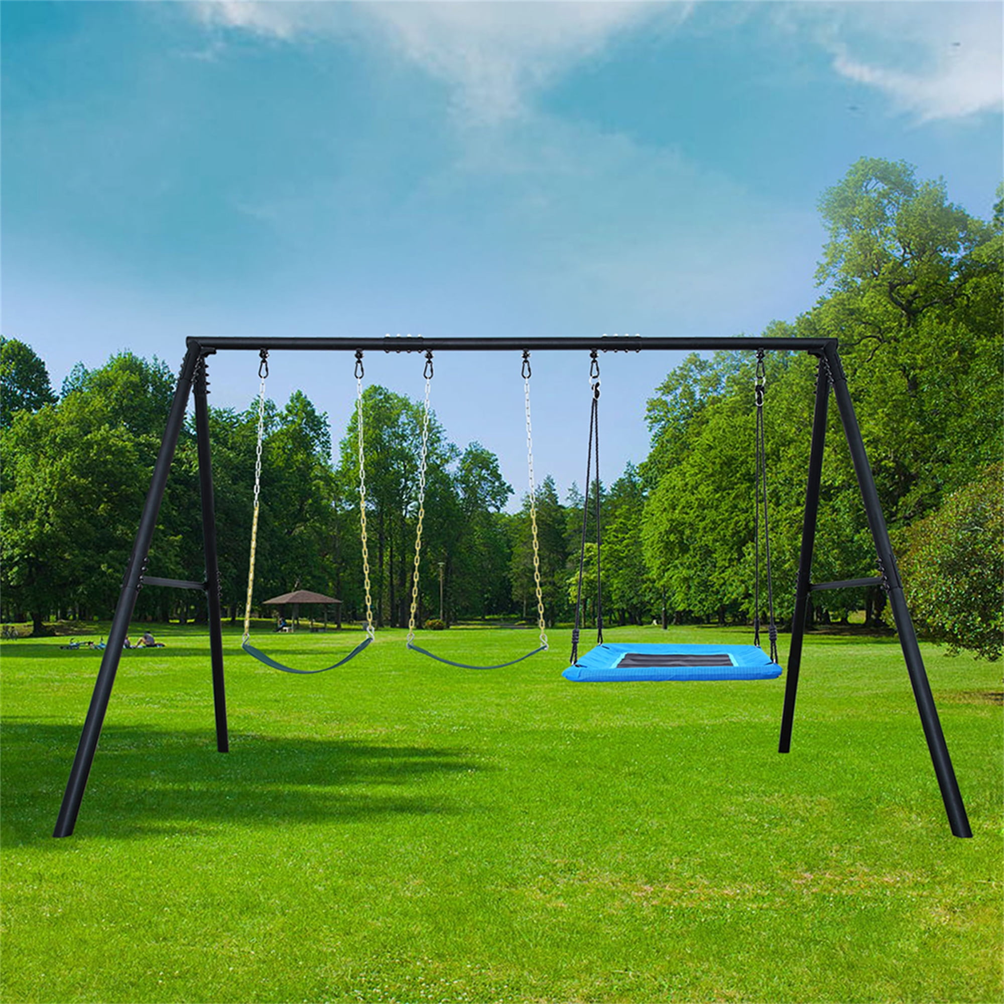Heavy-Duty Black Metal Swing Set with Blue Platform and Belt Swings