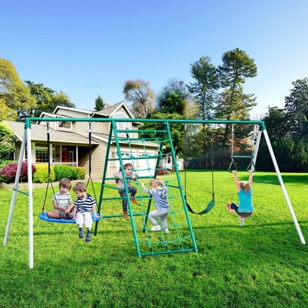 Hapfan Playground rust proof Metal Swing Set with Climbing Rope, Powder coated iron, 200 lbs /swing