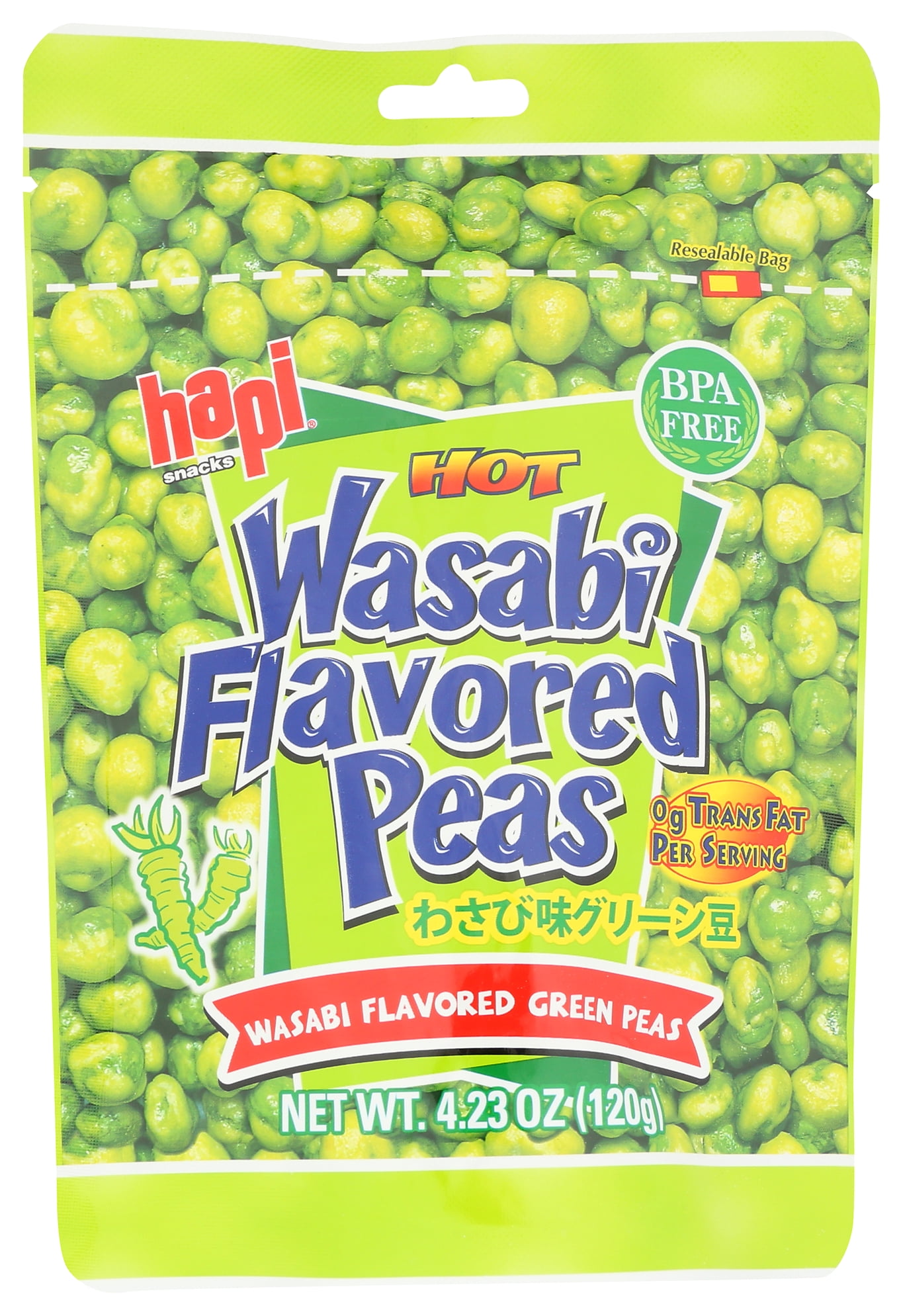 Hapi Snacks Hot Wasabi Flavored Green Peas, 4.23 oz Pouch