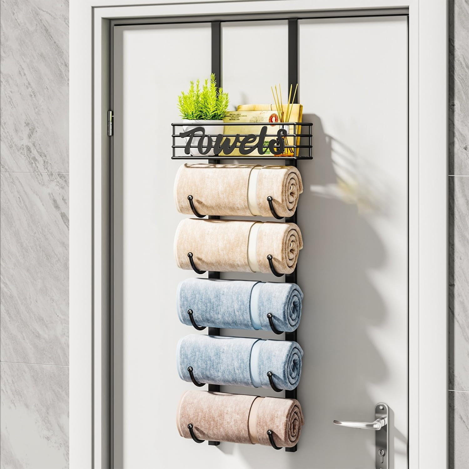 HapiRm 6 Tier Over The Door Towel Racks for Bathroom Wall Mounted Towel Holder with Metal Shelf Rolled Towel Organizer Door Hanging Towel Storage Black Walmart