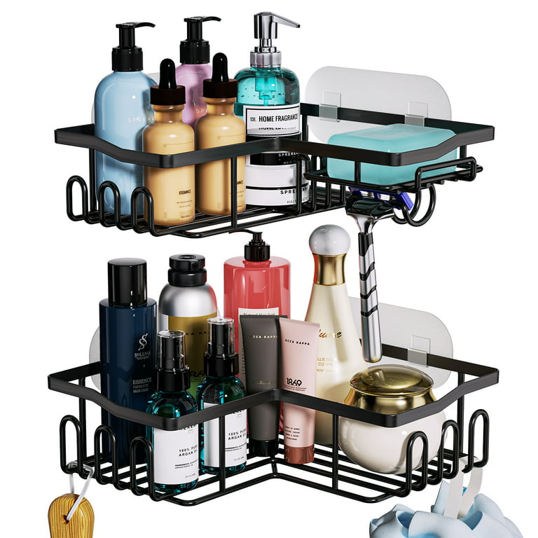 Black Shower Caddy, 4 Packs Self Adhesive Shower Shelves, Bathroom Shower  Organizer with 8 hooks, No Drilling Rustproof Stainless Steel Shower Shelf