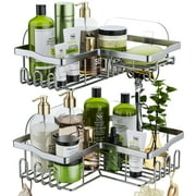 LEFEE Corner Shower Caddy with Shampoo Holder, Shower Organizer Shower Storage Shelf with 11 Hooks, No Drilling Rust Proof Stainless Steel Shower Basket Shelves-Silver