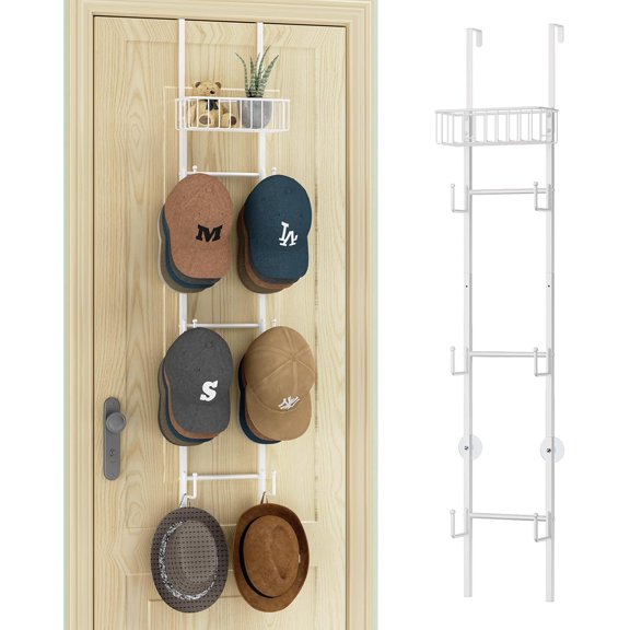 HapiRm Over Door Hat Rack - Wall Mounted Holder with 6 Hooks and Metal Basket Design, Baseball Cap Organizer Storage Up to 32 Caps for Door, Bedroom, Closet (White)