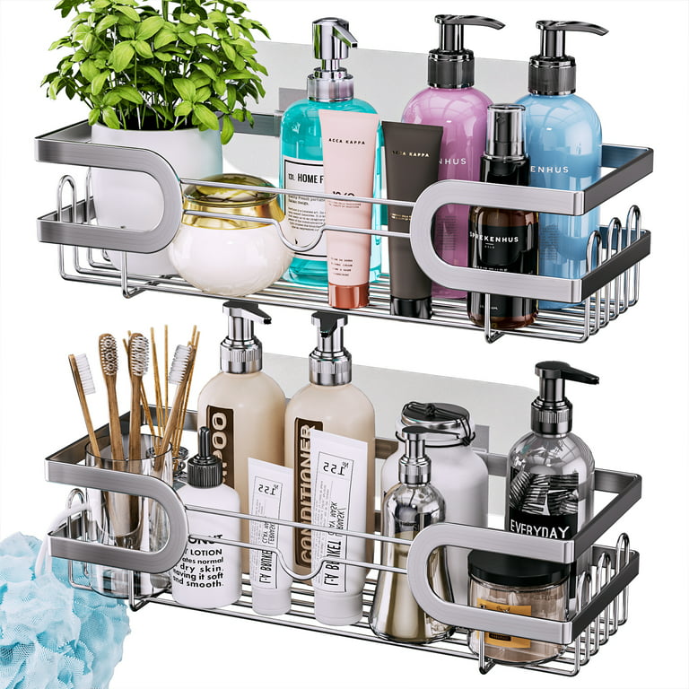 HapiRm Adhesive Shower Caddy Shower Organizer Shelf Build in Shampoo Holder,  No Drilling Rust Proof Stainless Steel Shower Storage Rack with 11 Hooks  for Hanging Shower Ball and Razor