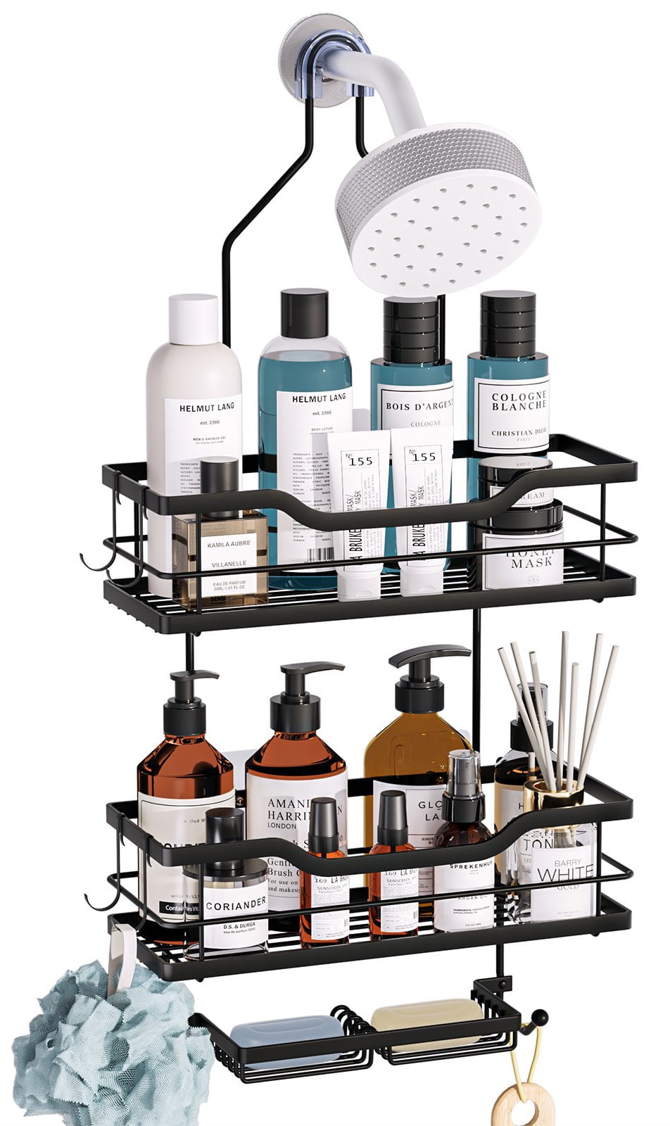HapiRm Adhesive Shower Caddy Shower Organizer Shelf Build in Shampoo Holder,  No Drilling Rust Proof Stainless Steel Shower Storage Rack with 11 Hooks  for Hanging Shower Ball and Razor 