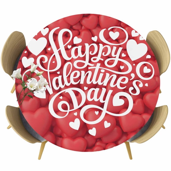 Happ Valentine's Day Round Tablecloth, Fitted Table Cover with Elastic for 36"-44" Round Tables, Red Love Hearts Romantic Table Cloth Outdoor Indoor Dinning Party Waterproof Tablecloths