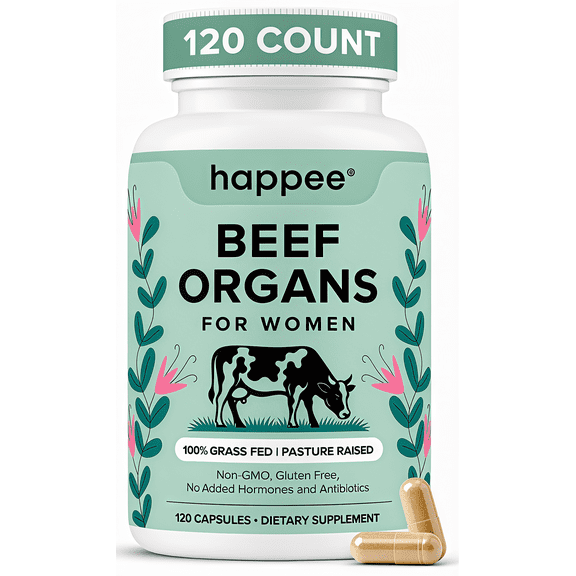 Happee Beef Organ Supplement for Women | Grass-Fed Liver, Heart, Kidney, Ovary & Uterus Blend | 120 Caps