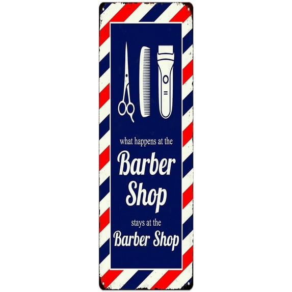 What Happens At The Barber Shop Stays At The Barber Shop Tin Sign, Funny Barber Shop Rules Sign, Vintage Hair Salon Art Poster Metal Signs Wall Decor Durable Hanging Plaque 4"x16"
