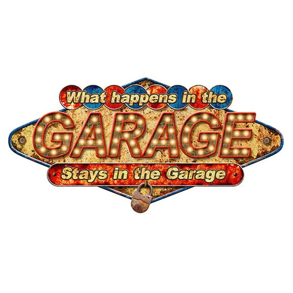What Happens In The Garage Stay's In The Garage Novelty Sign | Indoor/Outdoor | Funny Home Décor for Garages, Living Rooms, Bedroom, Offices | SignMission personalized gift Wall Plaque