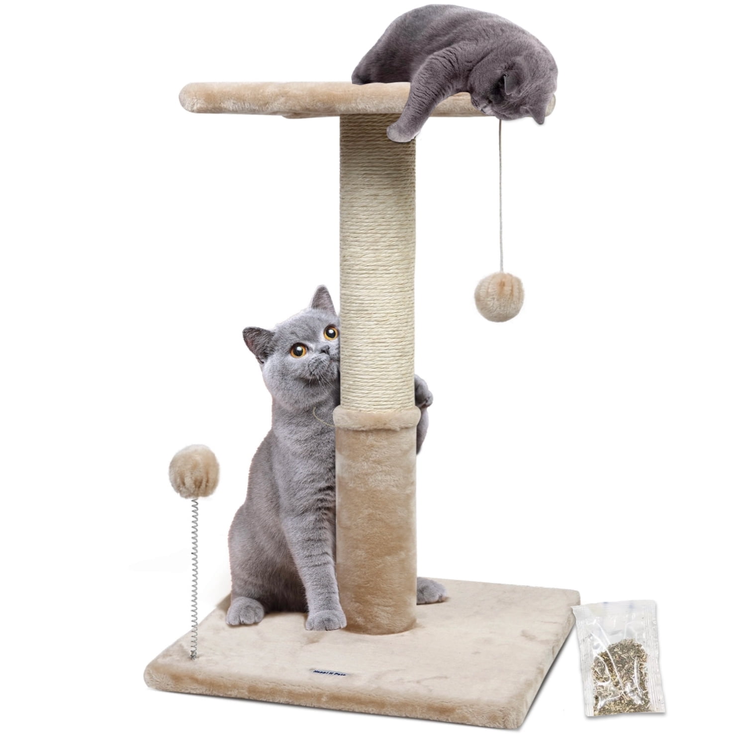 Happi N Pets 26" Cat Scratching Post with Platform, Cat Tree Tower Featuring with Hanging Balls & Cozy Cat Perch, Stable Cat Scratch Posts-Beige