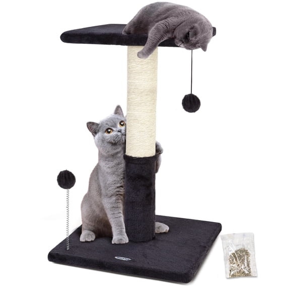 Happi N Pets 26" Cat Scratching Post with Platform, Cat Tree Tower Featuring with Hanging Balls & Cozy Cat Perch, Stable Cat Scratch Posts-Black