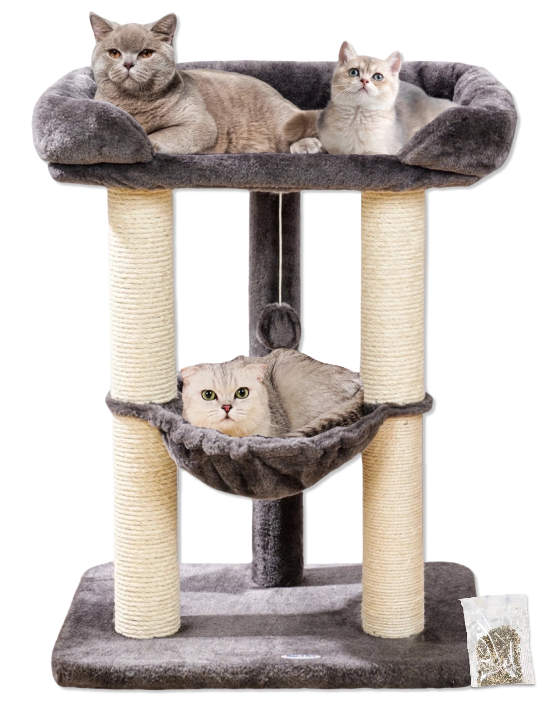 Happi N Pets 28" Cat Tree Tower, Tall Cat Scratching Post with Perch for Window Viewing, Large Bed for Big Cats, Cat Tower with Hammock, Removable Cover-Gray