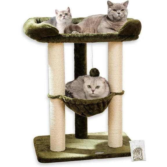 28" Cat Tree Tower, Tall Cat Scratching Post with Soft Perch for Window Viewing, Large Bed for Big Cats, Stable & Compact Cat Tower with Hammock, Removable Cover-Green
