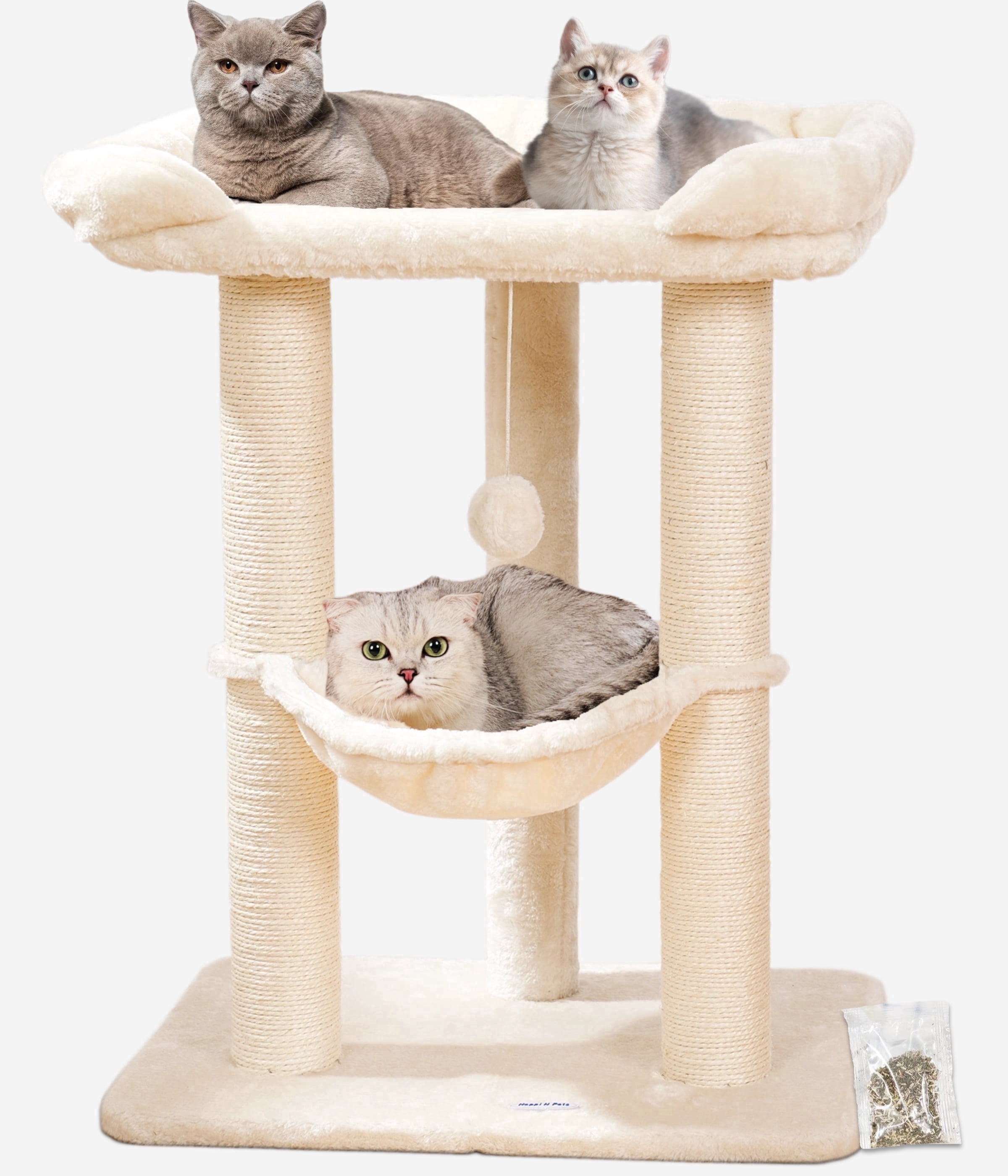 Happi N Pets 28" Cat Tree Tower, Tall Cat Scratching Post with Perch for Window Viewing, Large Bed for Big Cats, Cat Tower with Hammock, Removable Cover-Beige