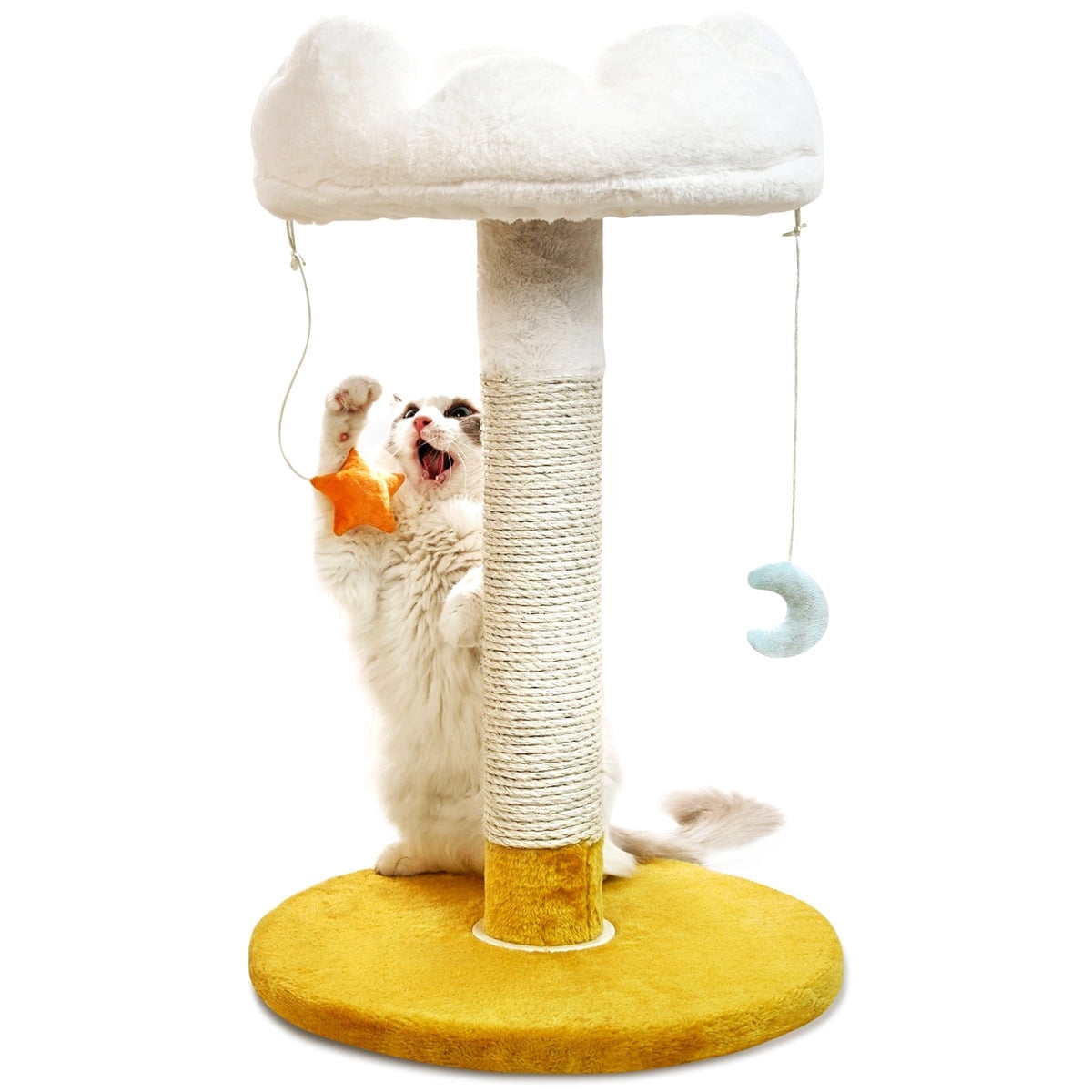 Happi N Pets 28" Tall Thick Cat Scratching Post, Small Cat Tree for Indoor Cats with Cloud Soft Perch & Bed, Cute Toys, Stable Stand, Removable Cover, Bonus Catnip