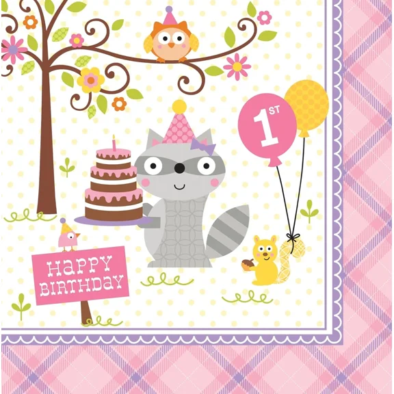 Happi Woodland Girl Animals Cute Kids 1St Birthday Party Paper Luncheon Napkins