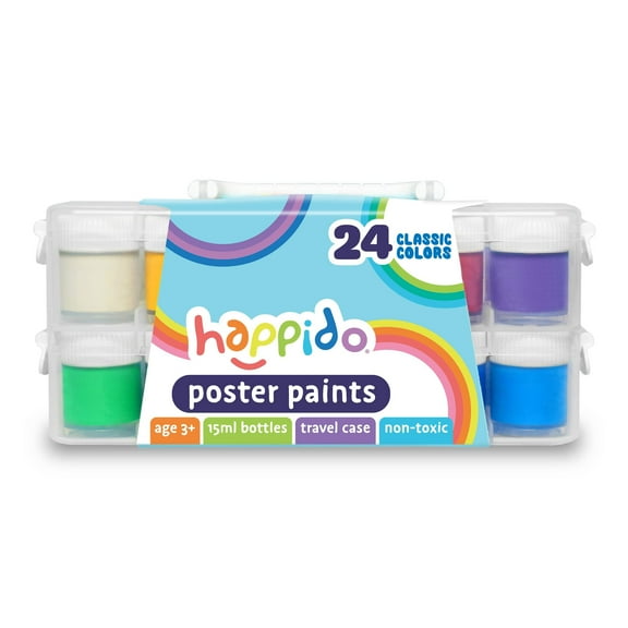Happido Poster Paints, 24 Classic Colors - Non-Toxic Brightly Colored 15 ml Paint Bottles, Great for Craft Projects and Coloring, Comes with Carry and Storage Case, Art Supplies for Kids of All Ages