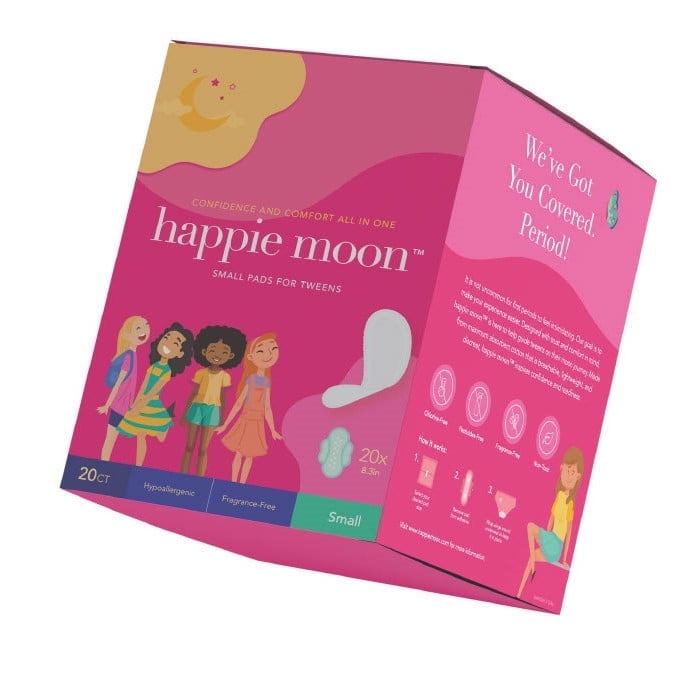Happie Moon | Small Ultra Thin 100% Organic Cotton Covered Pads with Wings | Feminine Care Maxi Pads for Tween and Teen Girls | No Chlorines, Dyes or Fragrances | 20 Count