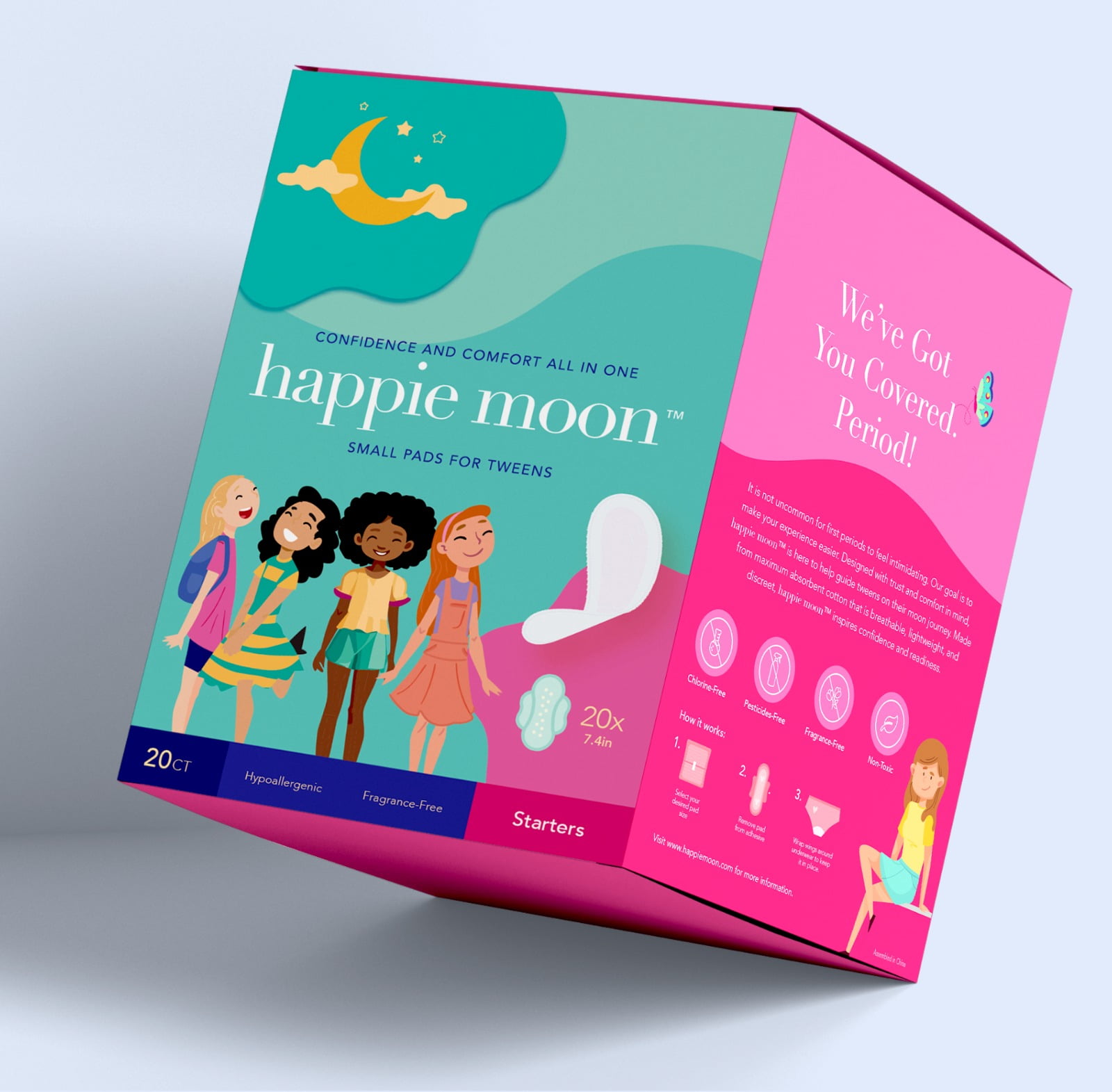 Happie Moon | Starter Period Pads For Teens & Tweens - 100% Organic Cotton Cover Pads | 20 Count