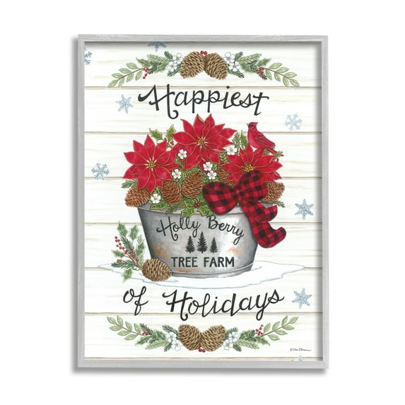 Happiest Of Holidays Grainy Pattern Rustic Poinsettia Bouquet Botanical & Floral Graphic Art Framed Art Print Wall Art