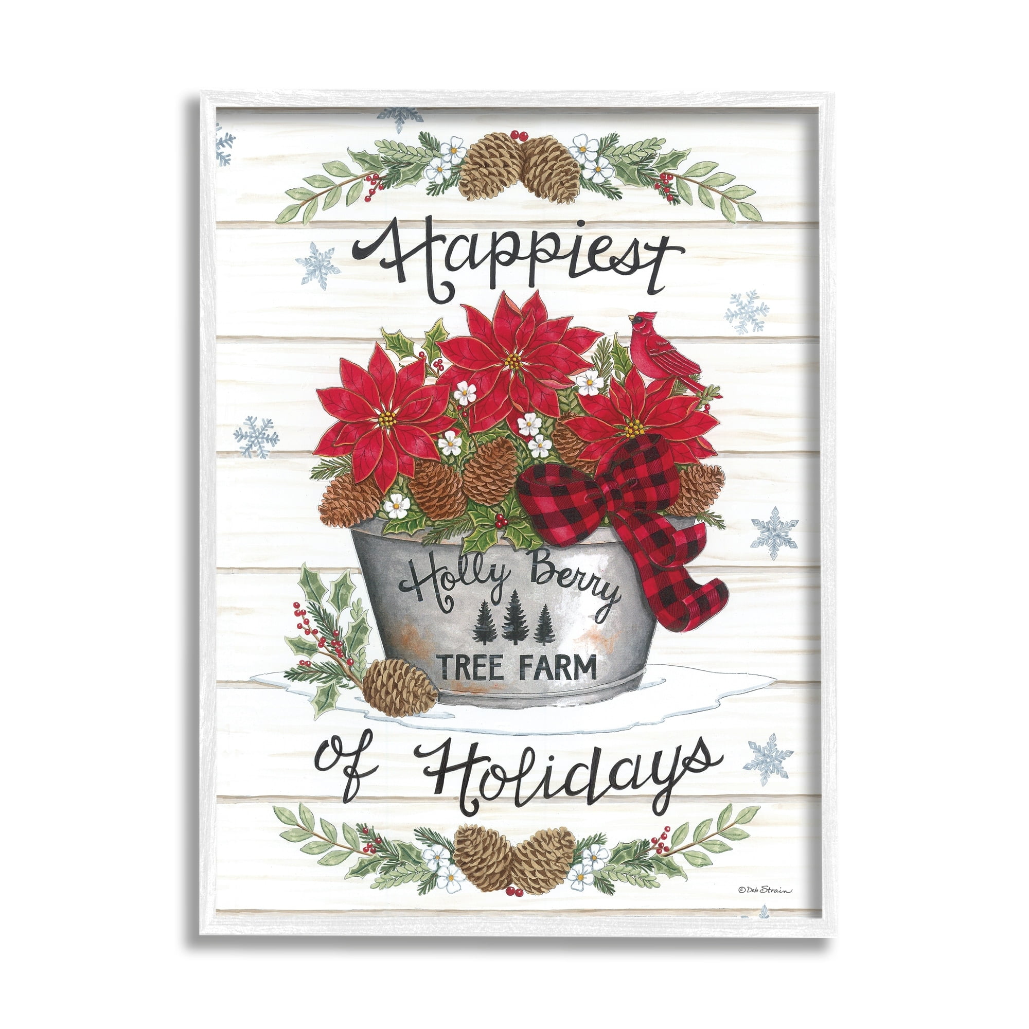 Happiest Of Holidays Grainy Pattern Rustic Poinsettia Bouquet Botanical & Floral Graphic Art Framed Art Print Wall Art
