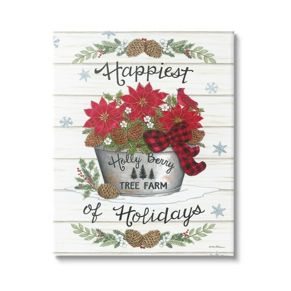 Happiest Of Holidays Grainy Pattern Rustic Poinsettia Bouquet Botanical & Floral Graphic Art Gallery-Wrapped Canvas Print Wall Art