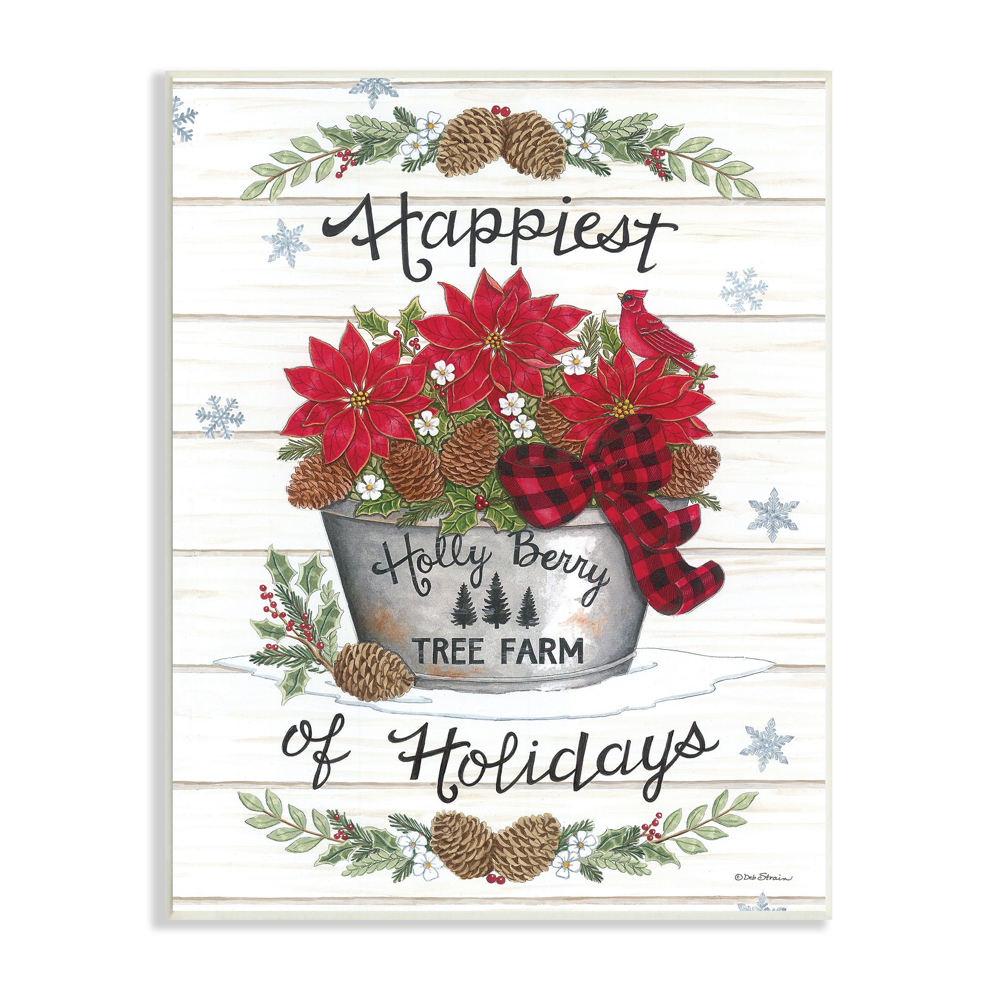 Happiest Of Holidays Grainy Pattern Rustic Poinsettia Bouquet Botanical & Floral Graphic Art Unframed Art Print Wall Art