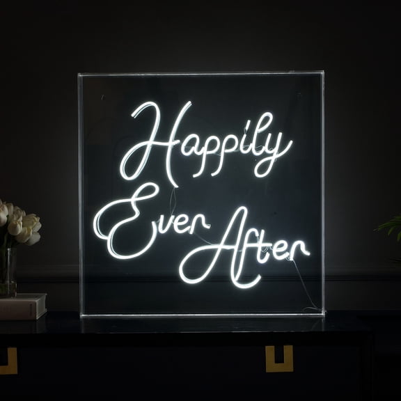 Happily Ever After 23.63" Square Contemporary Glam Acrylic Box USB Operated LED Neon Light, White