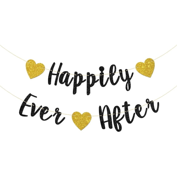 Happily Ever After Banner, Bridal Shower, Engagement, Just Married, Wedding Party Decorations (Black Glitter)