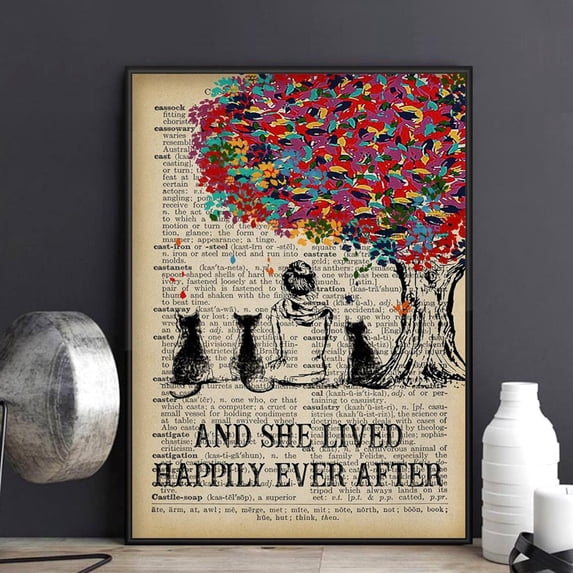 Happily Ever After Cat Lover Wall Art Fantasy Dictionary Art Woman With ...