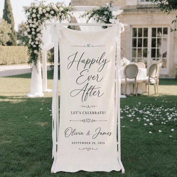 Happily Ever After Fabric Wedding Welcome Sign, Custom Fairytale Wedding Banner, Rustic Reception Backdrop, Elegant Decor Gift