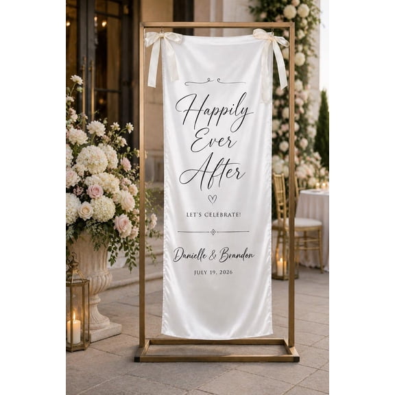 Happily Ever After Fabric Wedding Welcome Sign, Custom Name and Date Banner, Rustic Reception Backdrop, Wedding Decor Gift