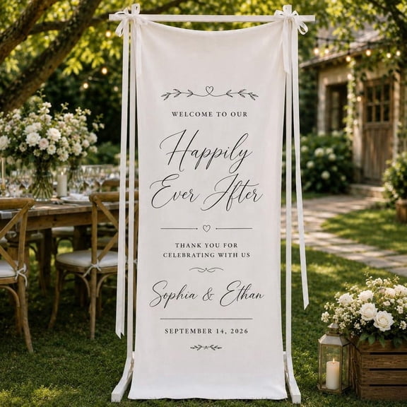 Happily Ever After Fabric Wedding Welcome Sign, Custom Wedding Banner, Rustic Reception Backdrop, Elegant Event Decor Gift