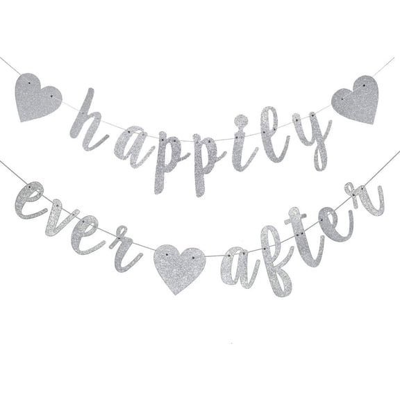Happily Ever After Silver Glitter Bunting Banner, Engagement, Bridal Shower, Wedding Party Photo Booth Props Signs,Pre-Strung Cursive Bunting