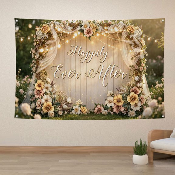 Happily Ever After Backdrop Boho Floral Curtain Bridal Shower Background Romantic Green Garden Wedding Bachelorette Engagement Party Decorations Banner Supplies Photo Booth Props